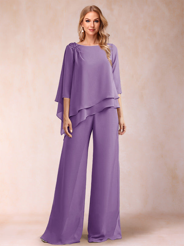 Chiffon Scoop 3/4 Sleeves 2 Pieces Ruched Pantsuits with Rhinestone