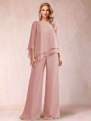 Chiffon Scoop 3/4 Sleeves 2 Pieces Ruched Pantsuits with Rhinestone