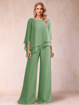 Chiffon Scoop 3/4 Sleeves 2 Pieces Ruched Pantsuits with Rhinestone