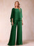 Chiffon Scoop 3/4 Sleeves 2 Pieces Ruched Pantsuits with Rhinestone