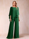 Chiffon Scoop 3/4 Sleeves 2 Pieces Ruched Pantsuits with Rhinestone