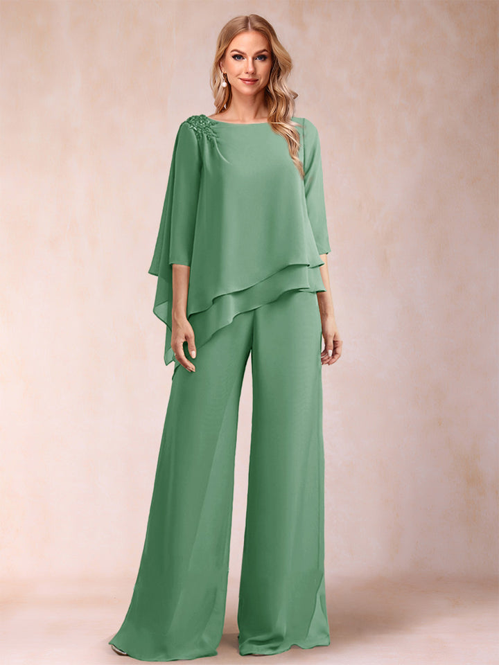 Chiffon Scoop 3/4 Sleeves 2 Pieces Ruched Pantsuits with Rhinestone