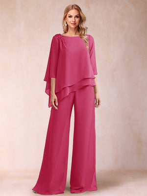 Chiffon Scoop 3/4 Sleeves 2 Pieces Ruched Pantsuits with Rhinestone