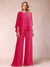 Chiffon Scoop 3/4 Sleeves 2 Pieces Ruched Pantsuits with Rhinestone