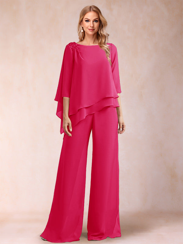 Chiffon Scoop 3/4 Sleeves 2 Pieces Ruched Pantsuits with Rhinestone