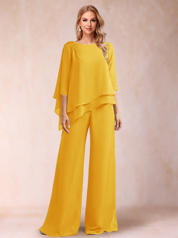 Chiffon Scoop 3/4 Sleeves 2 Pieces Ruched Pantsuits with Rhinestone