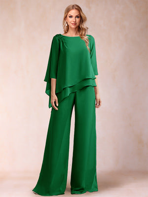 Chiffon Scoop 3/4 Sleeves 2 Pieces Ruched Pantsuits with Rhinestone