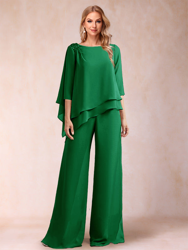 Chiffon Scoop 3/4 Sleeves 2 Pieces Ruched Pantsuits with Rhinestone