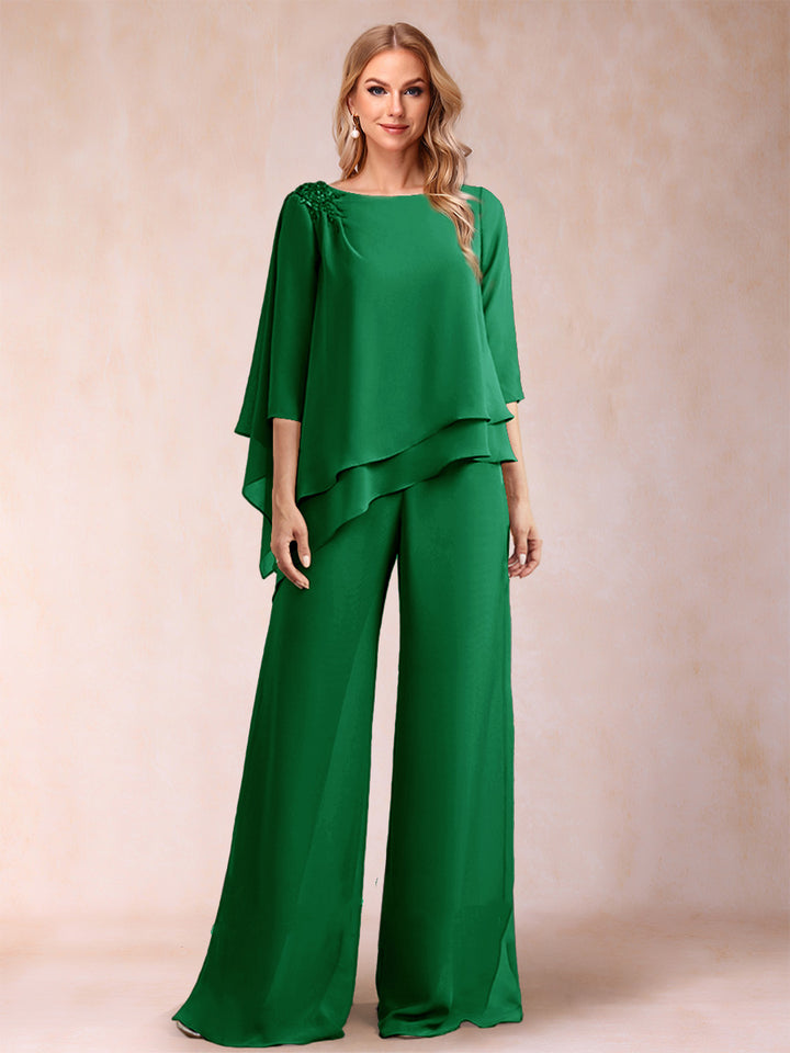 Chiffon Scoop 3/4 Sleeves 2 Pieces Ruched Pantsuits with Rhinestone