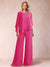 Chiffon Scoop 3/4 Sleeves 2 Pieces Ruched Pantsuits with Rhinestone