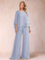 Chiffon Scoop 3/4 Sleeves 2 Pieces Ruched Pantsuits with Rhinestone