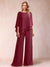 Chiffon Scoop 3/4 Sleeves 2 Pieces Ruched Pantsuits with Rhinestone