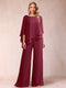Chiffon Scoop 3/4 Sleeves 2 Pieces Ruched Pantsuits with Rhinestone