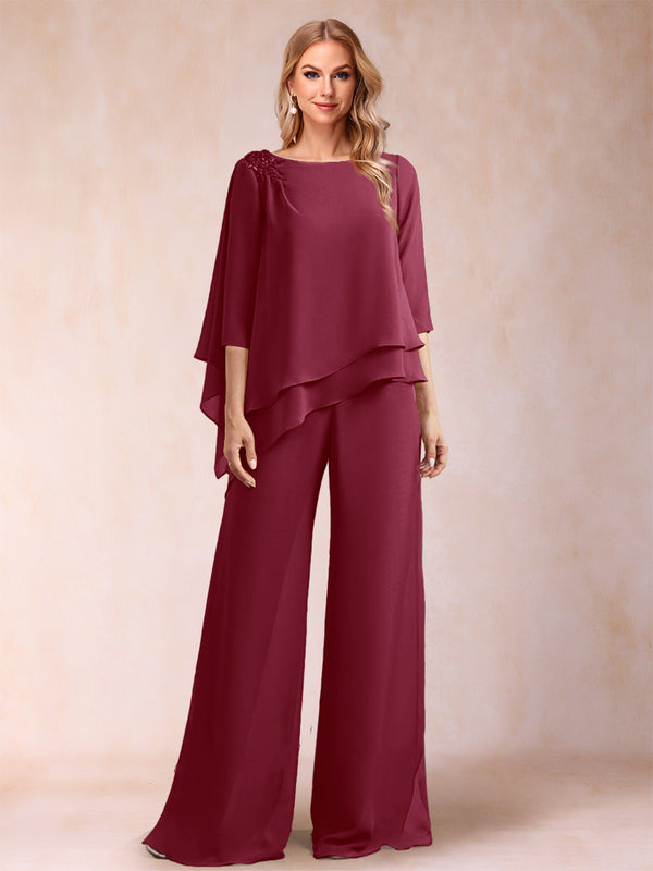Chiffon Scoop 3/4 Sleeves 2 Pieces Ruched Pantsuits with Rhinestone