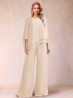 Chiffon Scoop 3/4 Sleeves 2 Pieces Ruched Pantsuits with Rhinestone