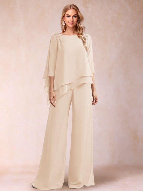 Chiffon Scoop 3/4 Sleeves 2 Pieces Ruched Pantsuits with Rhinestone