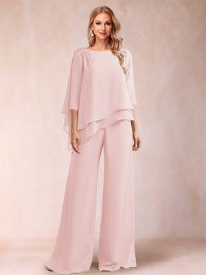 Chiffon Scoop 3/4 Sleeves 2 Pieces Ruched Pantsuits with Rhinestone