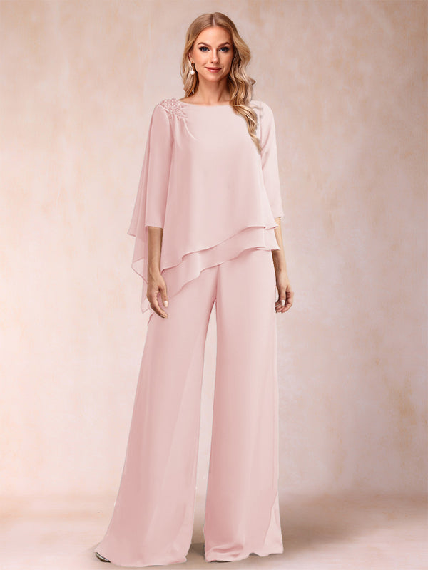 Chiffon Scoop 3/4 Sleeves 2 Pieces Ruched Pantsuits with Rhinestone