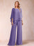 Chiffon Scoop 3/4 Sleeves 2 Pieces Ruched Pantsuits with Rhinestone