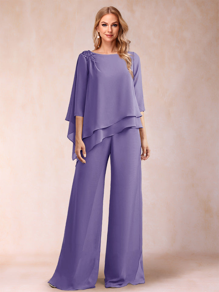 Chiffon Scoop 3/4 Sleeves 2 Pieces Ruched Pantsuits with Rhinestone