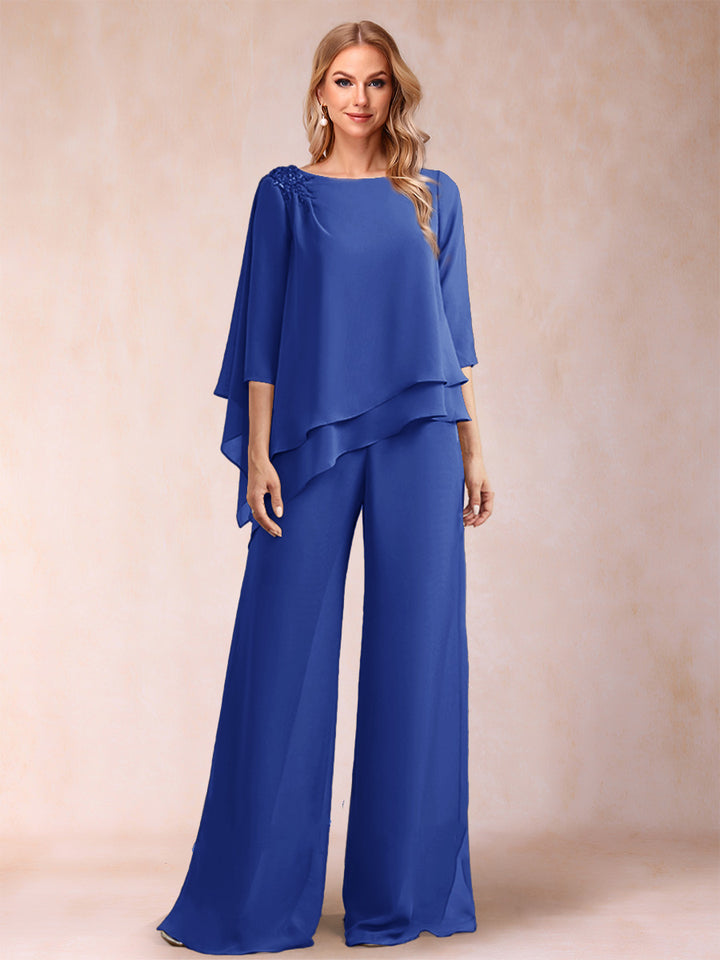 Chiffon Scoop 3/4 Sleeves 2 Pieces Ruched Pantsuits with Rhinestone