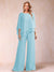 Chiffon Scoop 3/4 Sleeves 2 Pieces Ruched Pantsuits with Rhinestone