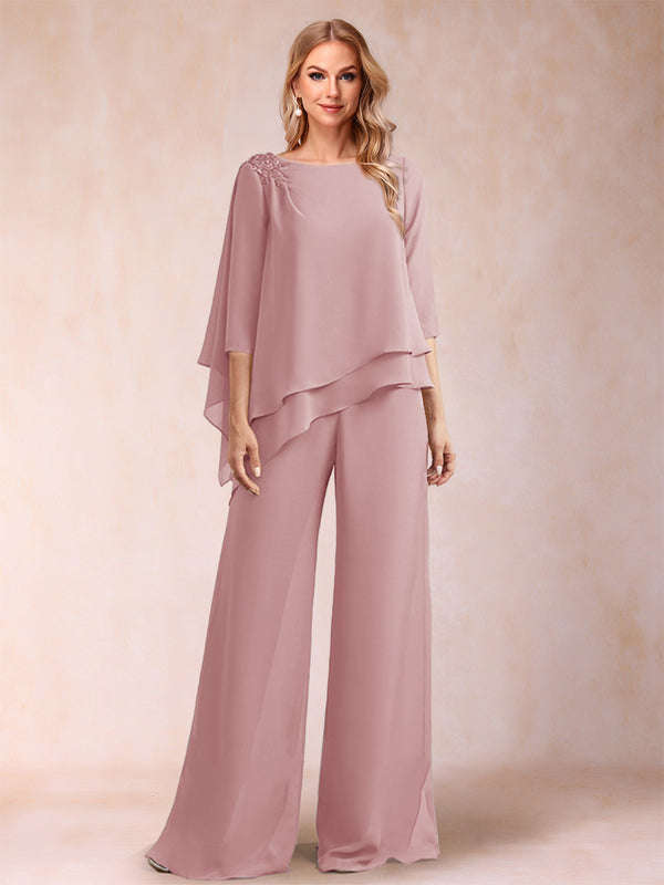Chiffon Scoop 3/4 Sleeves 2 Pieces Ruched Pantsuits with Rhinestone