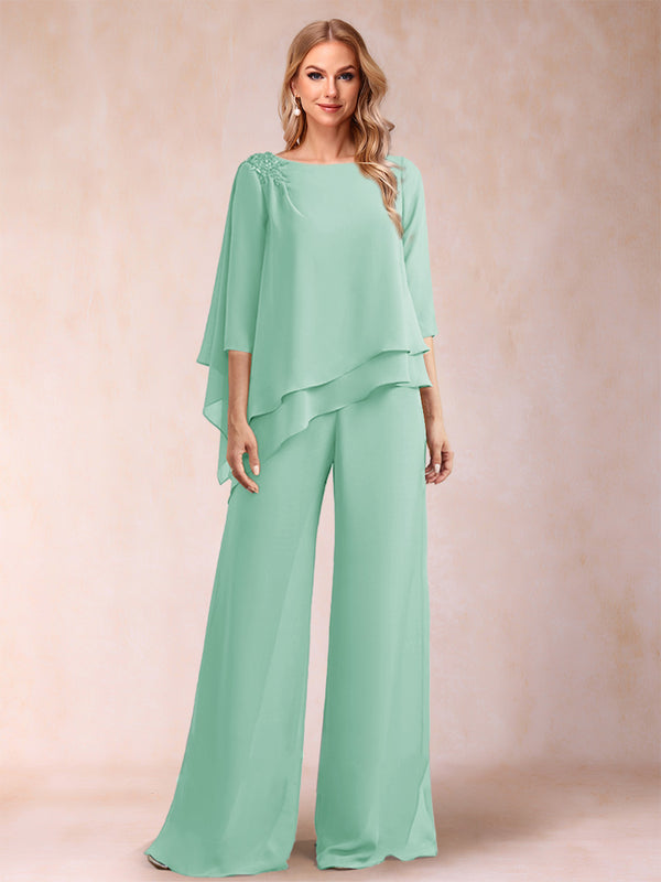 Chiffon Scoop 3/4 Sleeves 2 Pieces Ruched Pantsuits with Rhinestone