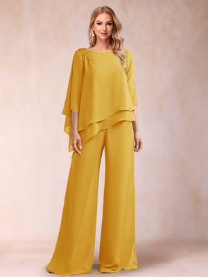Chiffon Scoop 3/4 Sleeves 2 Pieces Ruched Pantsuits with Rhinestone