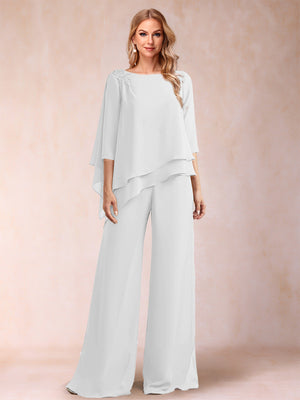 Chiffon Scoop 3/4 Sleeves 2 Pieces Ruched Pantsuits with Rhinestone