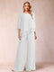 Chiffon Scoop 3/4 Sleeves 2 Pieces Ruched Pantsuits with Rhinestone