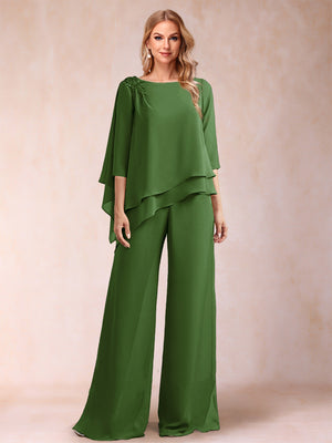 Chiffon Scoop 3/4 Sleeves 2 Pieces Ruched Pantsuits with Rhinestone