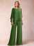 Chiffon Scoop 3/4 Sleeves 2 Pieces Ruched Pantsuits with Rhinestone