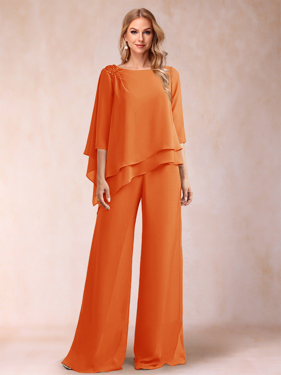 Chiffon Scoop 3/4 Sleeves 2 Pieces Ruched Pantsuits with Rhinestone