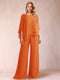 Chiffon Scoop 3/4 Sleeves 2 Pieces Ruched Pantsuits with Rhinestone
