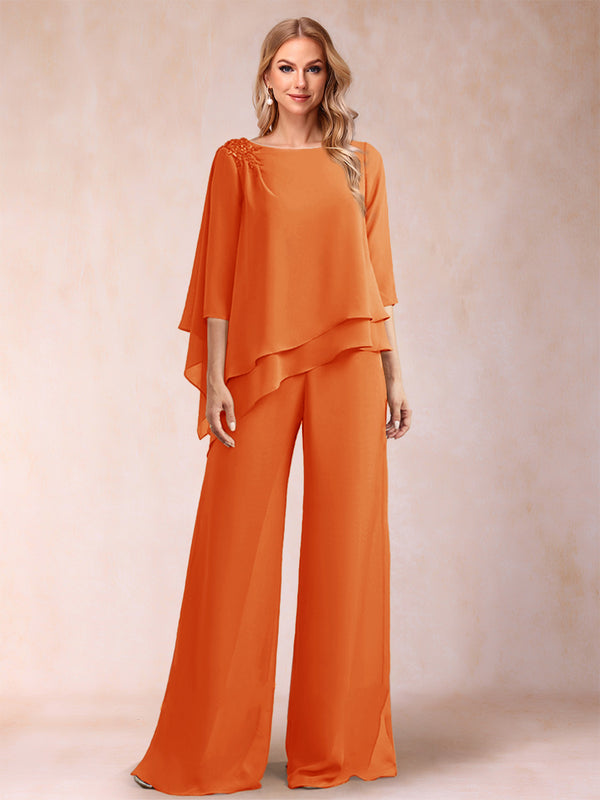 Chiffon Scoop 3/4 Sleeves 2 Pieces Ruched Pantsuits with Rhinestone