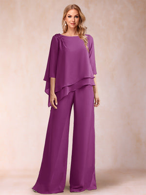 Chiffon Scoop 3/4 Sleeves 2 Pieces Ruched Pantsuits with Rhinestone