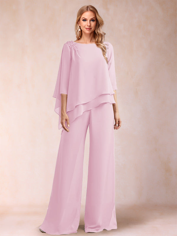 Chiffon Scoop 3/4 Sleeves 2 Pieces Ruched Pantsuits with Rhinestone