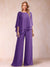 Chiffon Scoop 3/4 Sleeves 2 Pieces Ruched Pantsuits with Rhinestone