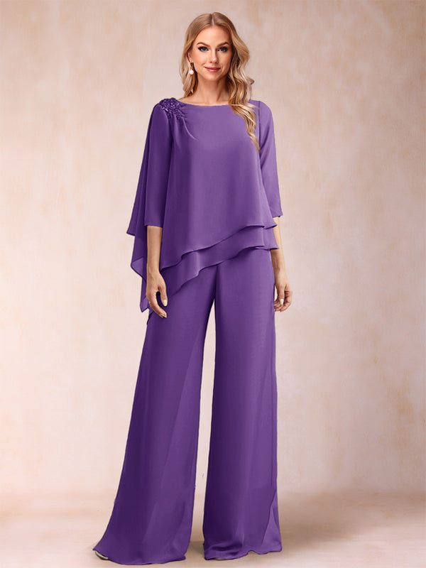 Chiffon Scoop 3/4 Sleeves 2 Pieces Ruched Pantsuits with Rhinestone