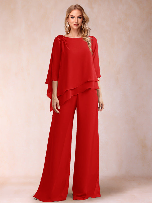 Chiffon Scoop 3/4 Sleeves 2 Pieces Ruched Pantsuits with Rhinestone