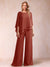 Chiffon Scoop 3/4 Sleeves 2 Pieces Ruched Pantsuits with Rhinestone