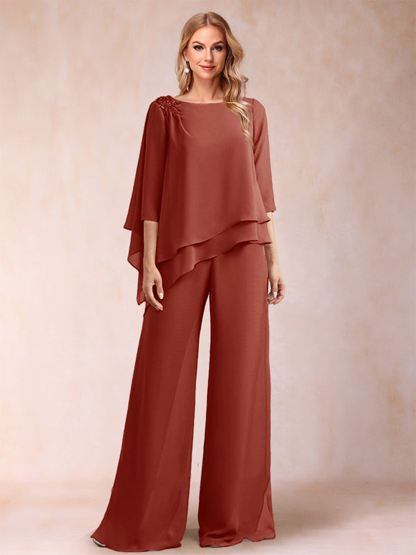 Chiffon Scoop 3/4 Sleeves 2 Pieces Ruched Pantsuits with Rhinestone