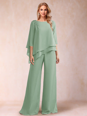 Chiffon Scoop 3/4 Sleeves 2 Pieces Ruched Pantsuits with Rhinestone