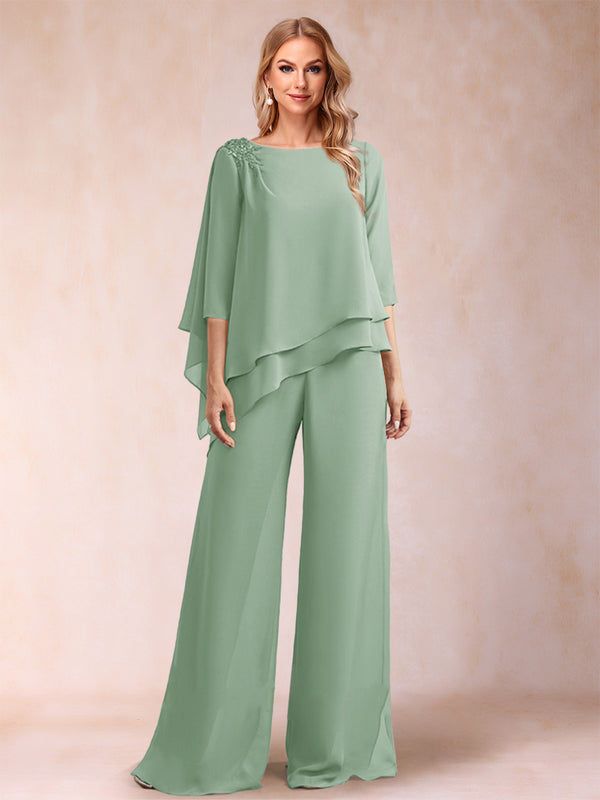 Chiffon Scoop 3/4 Sleeves 2 Pieces Ruched Pantsuits with Rhinestone
