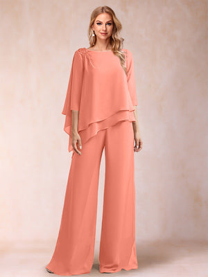 Chiffon Scoop 3/4 Sleeves 2 Pieces Ruched Pantsuits with Rhinestone