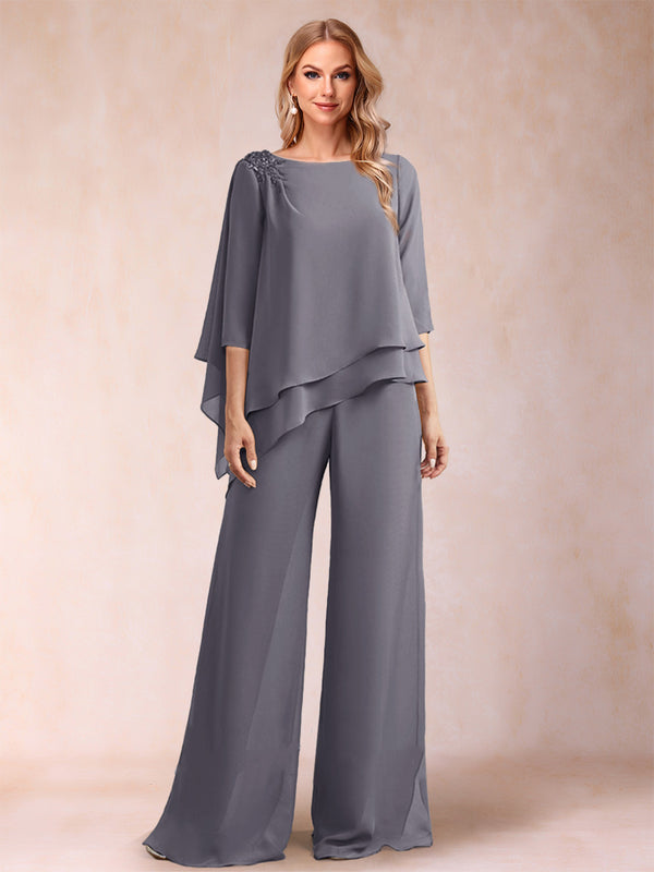 Chiffon Scoop 3/4 Sleeves 2 Pieces Ruched Pantsuits with Rhinestone
