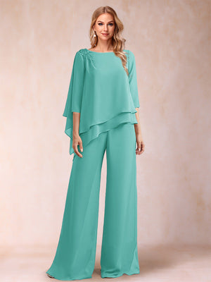 Chiffon Scoop 3/4 Sleeves 2 Pieces Ruched Pantsuits with Rhinestone