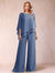 Chiffon Scoop 3/4 Sleeves 2 Pieces Ruched Pantsuits with Rhinestone