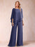 Chiffon Scoop 3/4 Sleeves 2 Pieces Ruched Pantsuits with Rhinestone